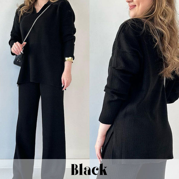 Diepblauw tweedelig loungewear set van ribstof, oversized top en wijde broek voor comfort en stijl, dameskleding.
