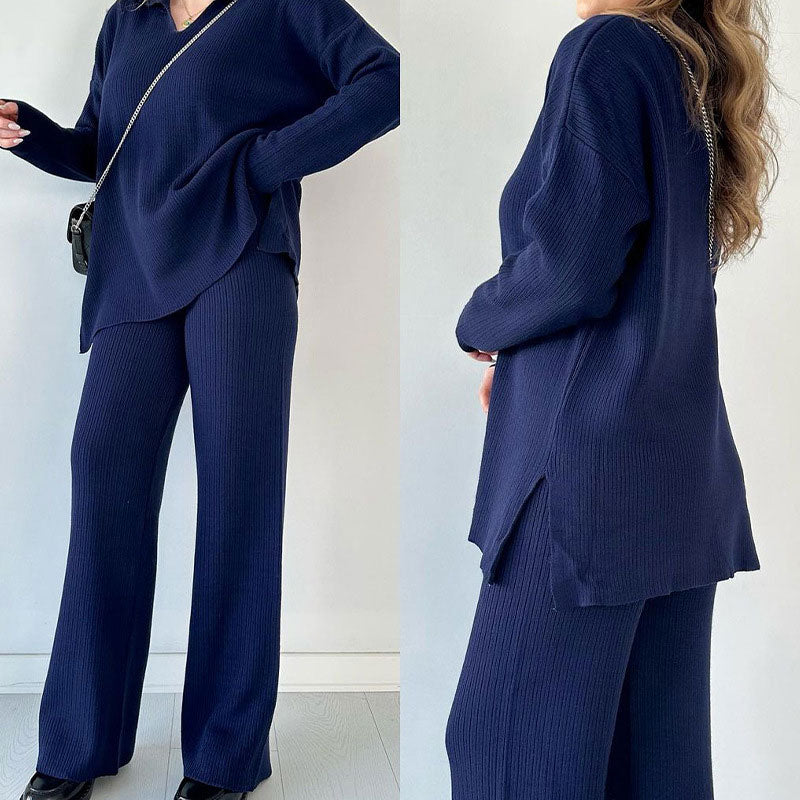 Diepblauw tweedelig loungewear set van ribstof, oversized top en wijde broek voor comfort en stijl, dameskleding.