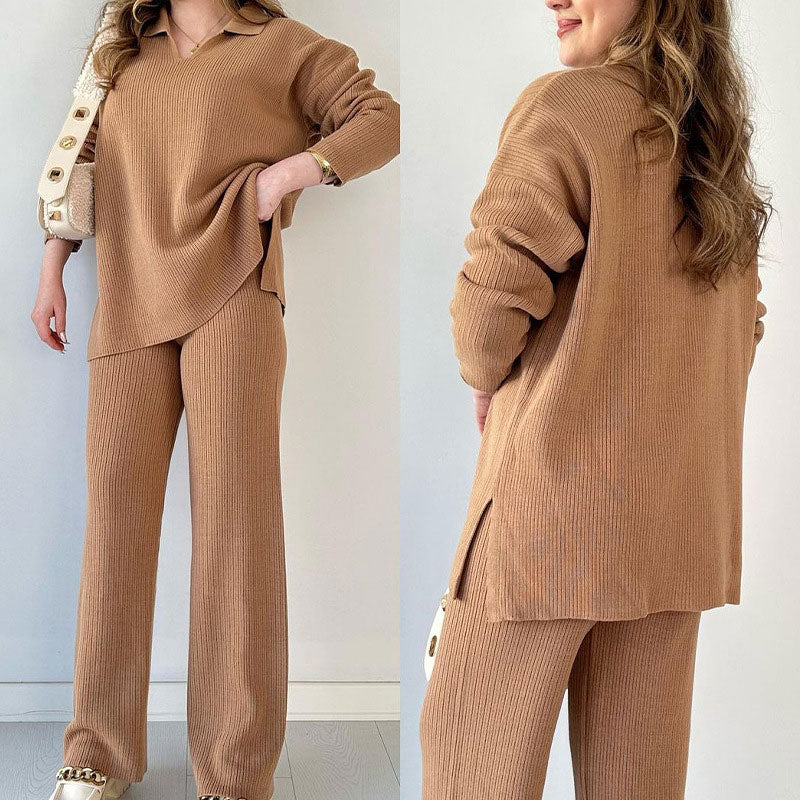 Diepblauw tweedelig loungewear set van ribstof, oversized top en wijde broek voor comfort en stijl, dameskleding.