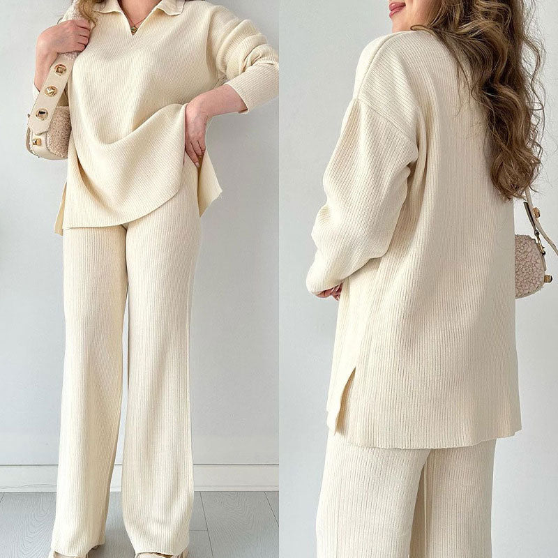 Diepblauw tweedelig loungewear set van ribstof, oversized top en wijde broek voor comfort en stijl, dameskleding.
