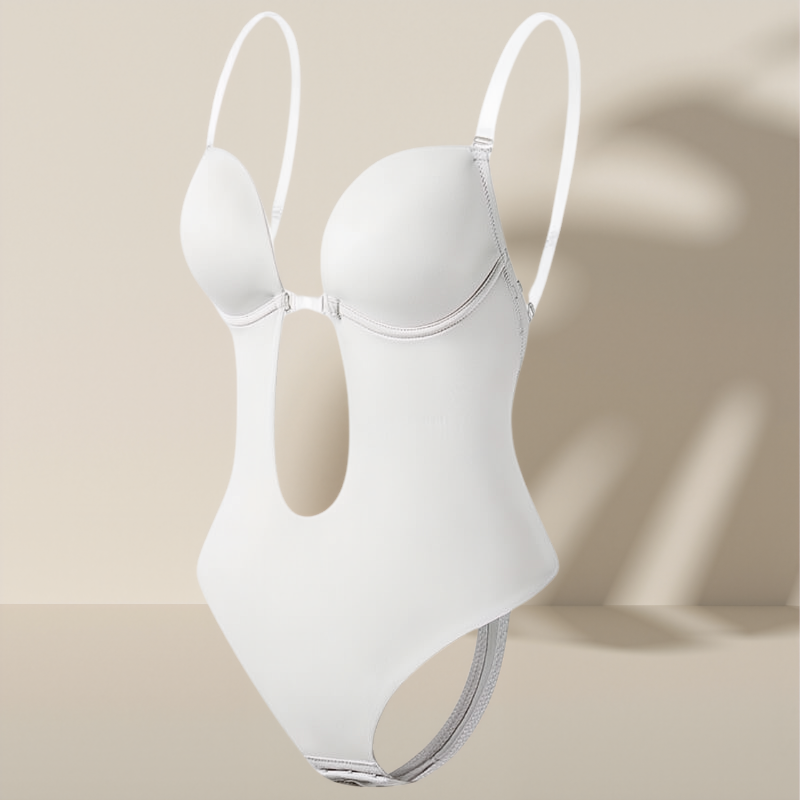 "Diepe V rugloze body shaper voor dames, naadloos en comfortabel, onzichtbaar onder kleding, open rug ontwerp, beige kleur."