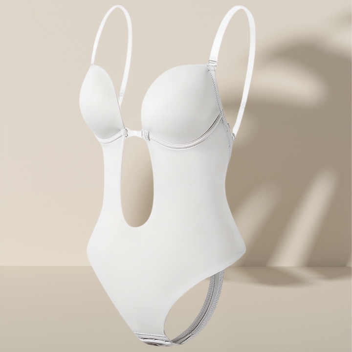 "Diepe V rugloze body shaper voor dames, naadloos en comfortabel, onzichtbaar onder kleding, open rug ontwerp, beige kleur."
