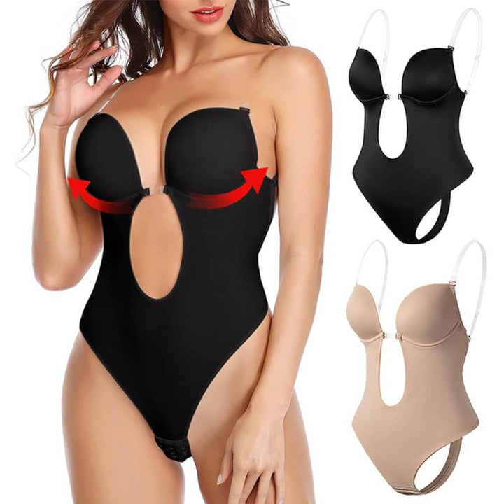 "Diepe V rugloze body shaper voor dames, naadloos en comfortabel, onzichtbaar onder kleding, open rug ontwerp, beige kleur."
