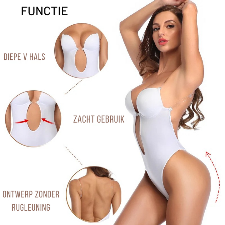 "Diepe V rugloze body shaper voor dames, naadloos en comfortabel, onzichtbaar onder kleding, open rug ontwerp, beige kleur."