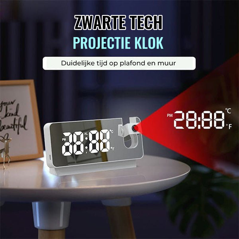 "Digitale projectiewekker zwart-wit, tijdsbeeld op muur, futuristisch ontwerp, dubbele alarmopties, USB-oplaadpoort"