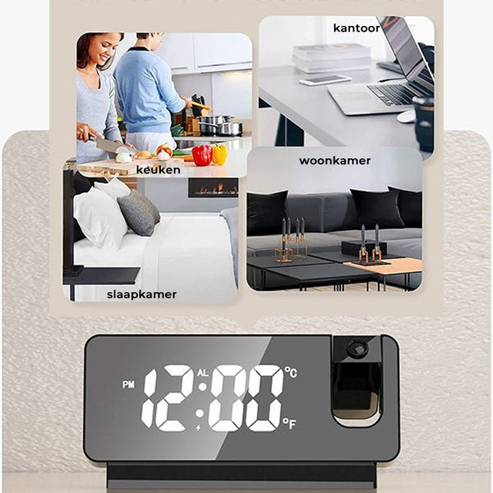 "Digitale projectiewekker zwart-wit, tijdsbeeld op muur, futuristisch ontwerp, dubbele alarmopties, USB-oplaadpoort"
