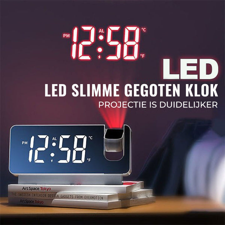 "Digitale projectiewekker zwart-wit, tijdsbeeld op muur, futuristisch ontwerp, dubbele alarmopties, USB-oplaadpoort"