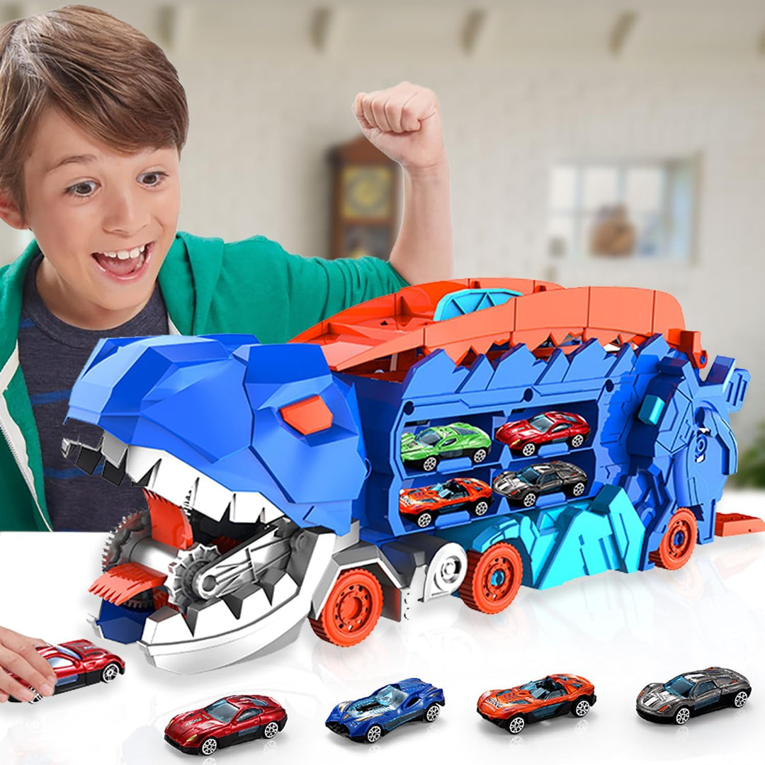 "Dino Stad Transporteur racebaan, kleurrijke vrachtwagen met transformeerbare onderdelen voor kinderplezier en creativiteit"
