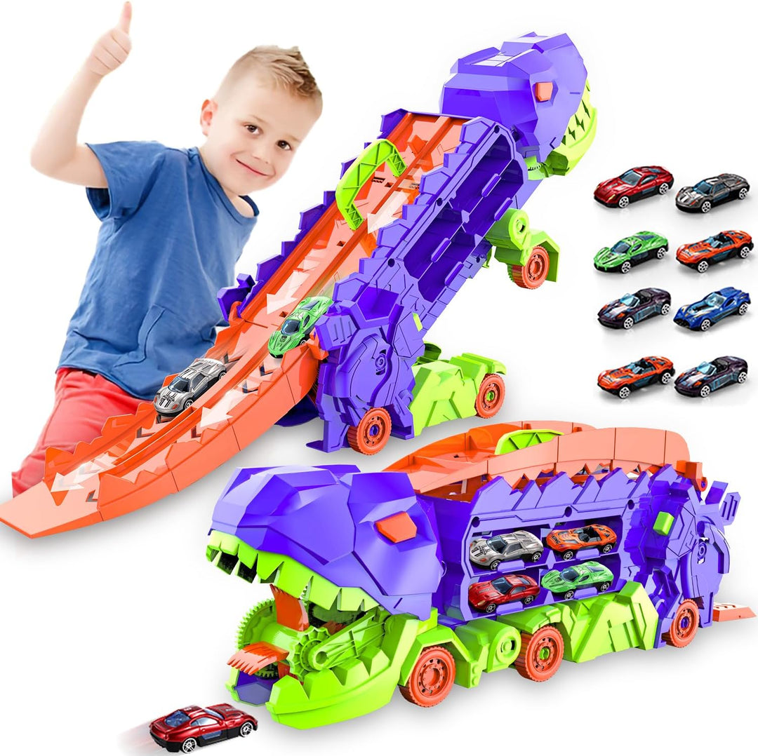 "Dino Stad Transporteur racebaan, kleurrijke vrachtwagen met transformeerbare onderdelen voor kinderplezier en creativiteit"