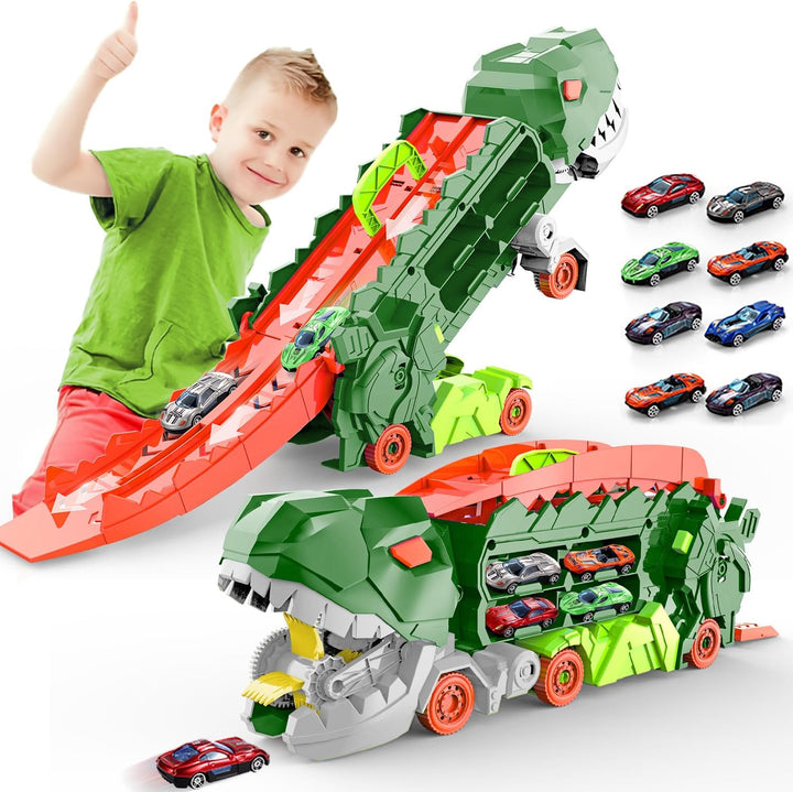 "Dino Stad Transporteur racebaan, kleurrijke vrachtwagen met transformeerbare onderdelen voor kinderplezier en creativiteit"