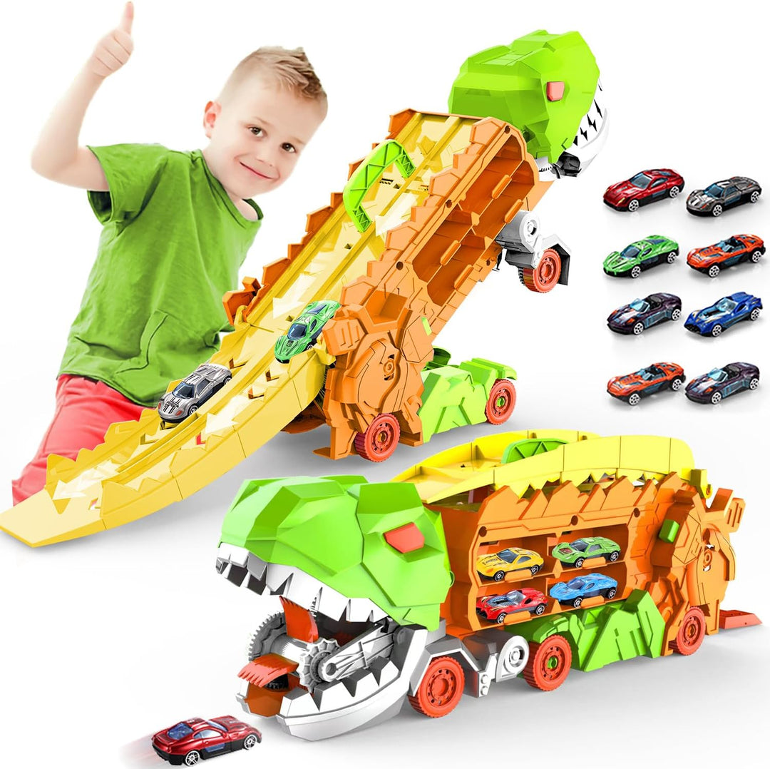 "Dino Stad Transporteur racebaan, kleurrijke vrachtwagen met transformeerbare onderdelen voor kinderplezier en creativiteit"