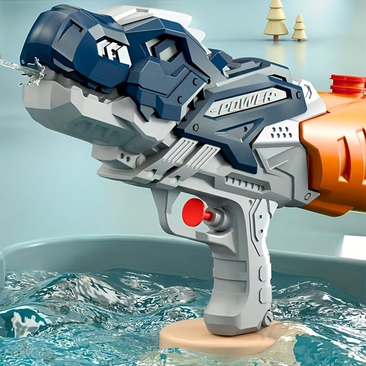 "Dino waterpistool met grote capaciteit, groene dino-vorm en pompsysteem, ideaal voor kindvriendelijke waterpret."