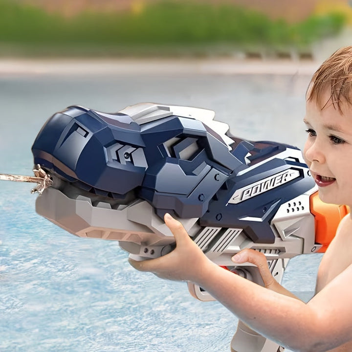 "Dino waterpistool met grote capaciteit, groene dino-vorm en pompsysteem, ideaal voor kindvriendelijke waterpret."