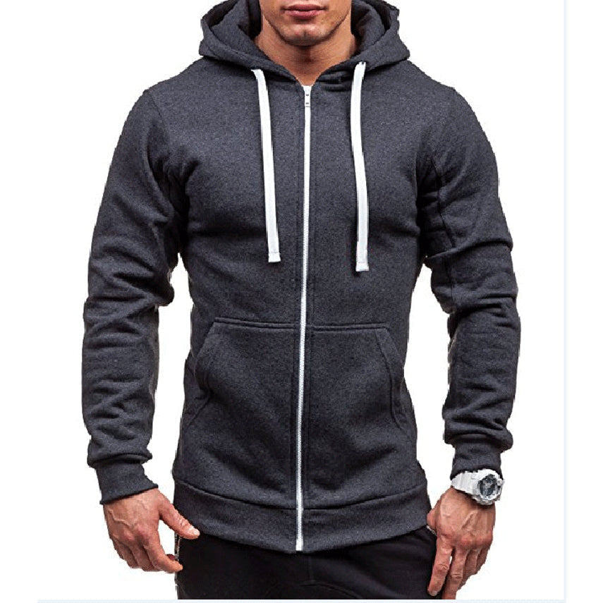 Donkergrijze winddichte heren hoodie van fleece met rits en koorden, ideaal voor comfort en stijl bij outdooractiviteiten.