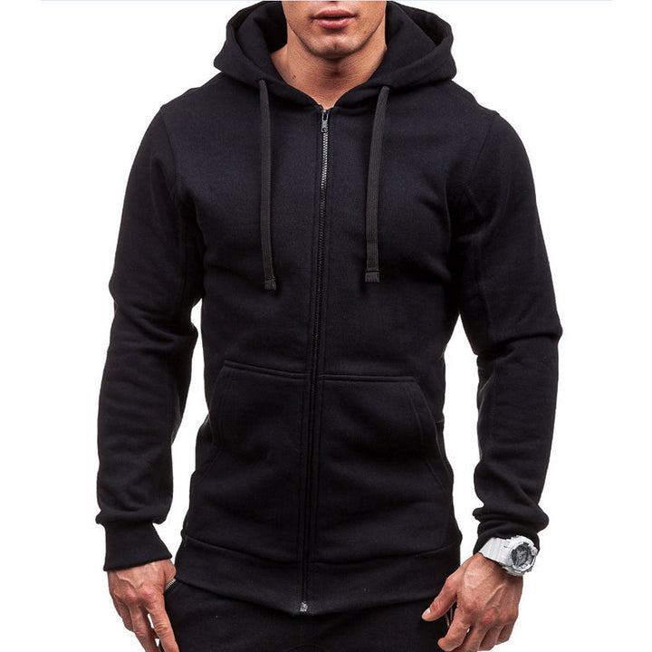 Donkergrijze winddichte heren hoodie van fleece met rits en koorden, ideaal voor comfort en stijl bij outdooractiviteiten.