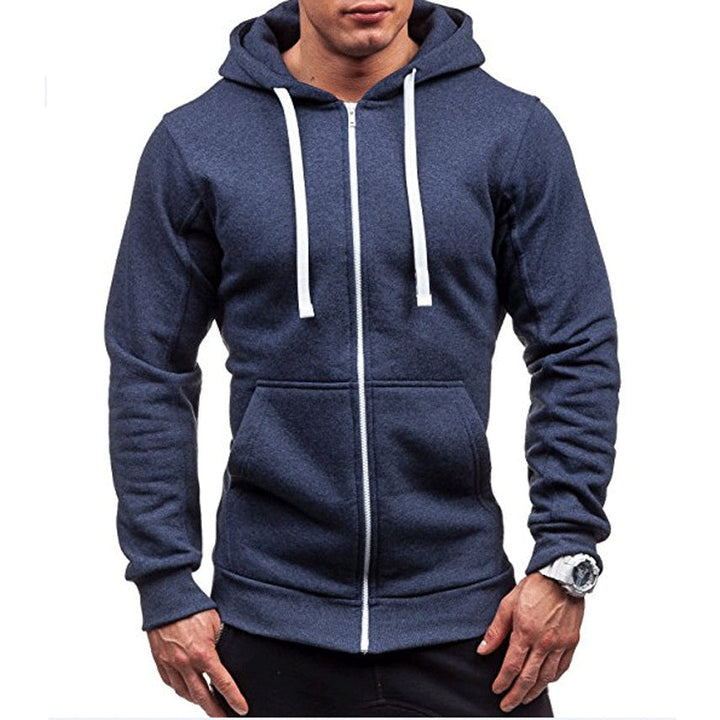Donkergrijze winddichte heren hoodie van fleece met rits en koorden, ideaal voor comfort en stijl bij outdooractiviteiten.
