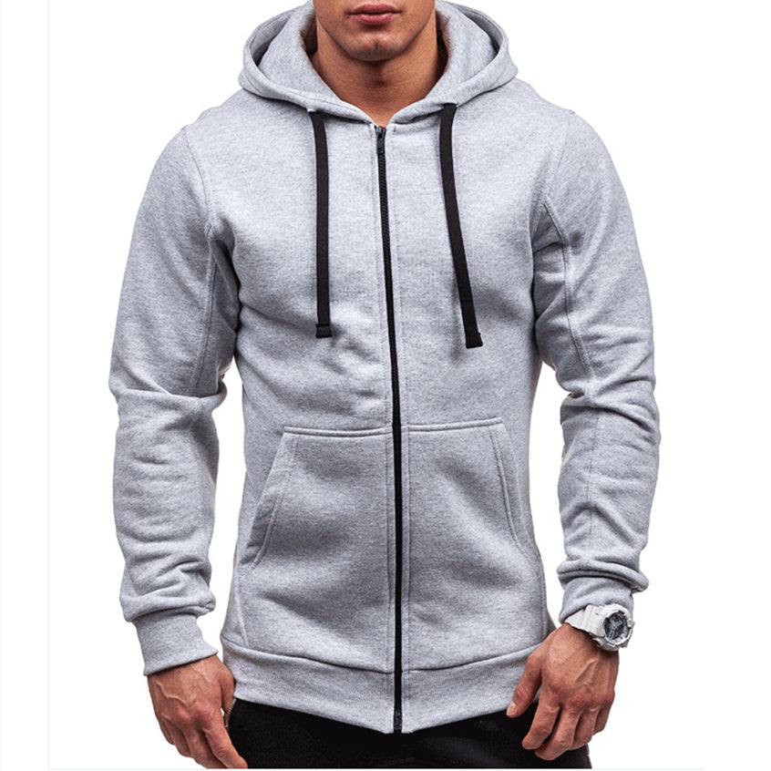 Donkergrijze winddichte heren hoodie van fleece met rits en koorden, ideaal voor comfort en stijl bij outdooractiviteiten.