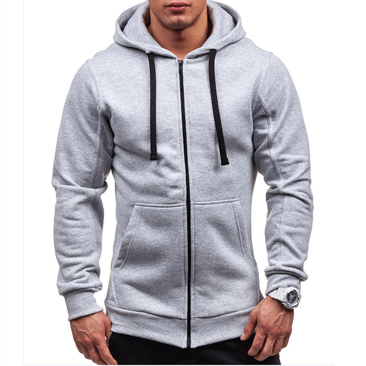 Donkergrijze winddichte heren hoodie van fleece met rits en koorden, ideaal voor comfort en stijl bij outdooractiviteiten.