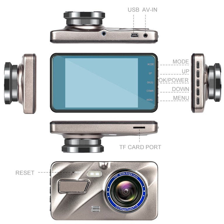 "Draadloze 1080P dashcam voor en achter, zwart, met nachtzicht, voor superieure videobewaking van voertuigen."