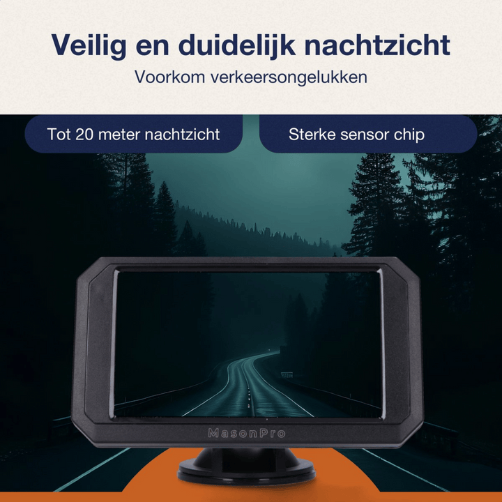 "Draadloze achteruitrijcamera met 5 inch monitor, nachtzicht tot 20m, eenvoudig te installeren, voor auto en camper."