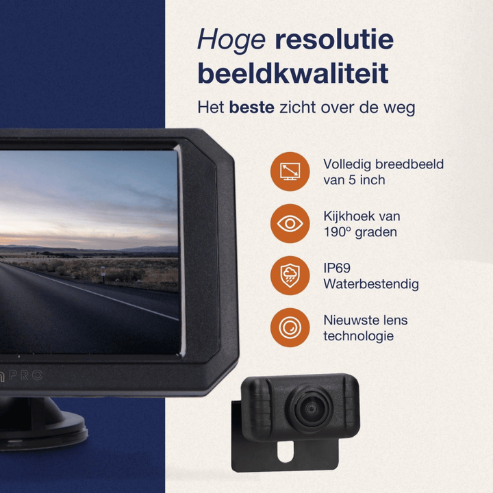 "Draadloze achteruitrijcamera met 5 inch monitor, nachtzicht tot 20m, eenvoudig te installeren, voor auto en camper."