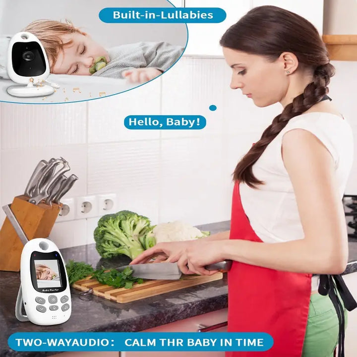 Draadloze babyfoon met helder scherm, nachtzicht en tweewegcommunicatie voor optimale bewaking, compact en draagbaar ontwerp.