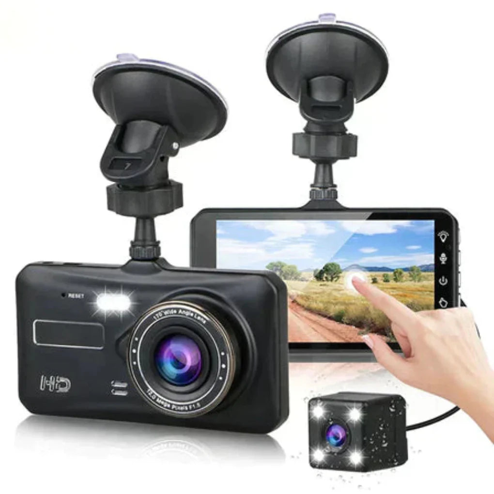 "Draadloze dubbele dashcam met nachtzicht, 170° breedhoek, HD 1080p, voor- en achterlenzen, zwart ontwerp, LCD-scherm."