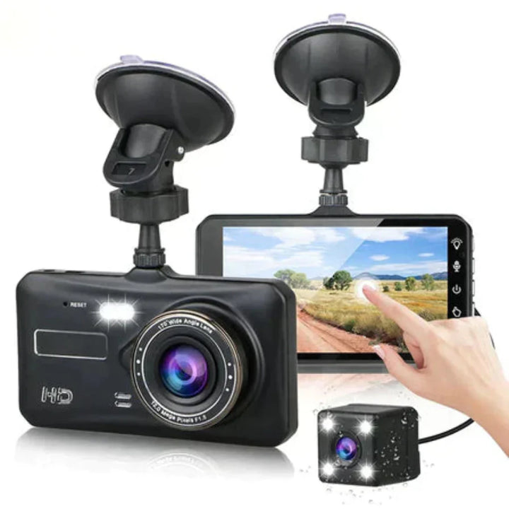 "Draadloze dubbele dashcam met nachtzicht, 170° breedhoek, HD 1080p, voor- en achterlenzen, zwart ontwerp, LCD-scherm."