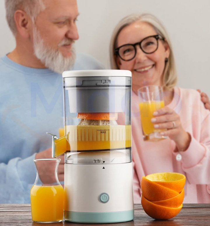 "Draadloze elektrische citruspers met roestvrijstalen ontwerp, ideaal voor vers sap met gemak en draagbaarheid."