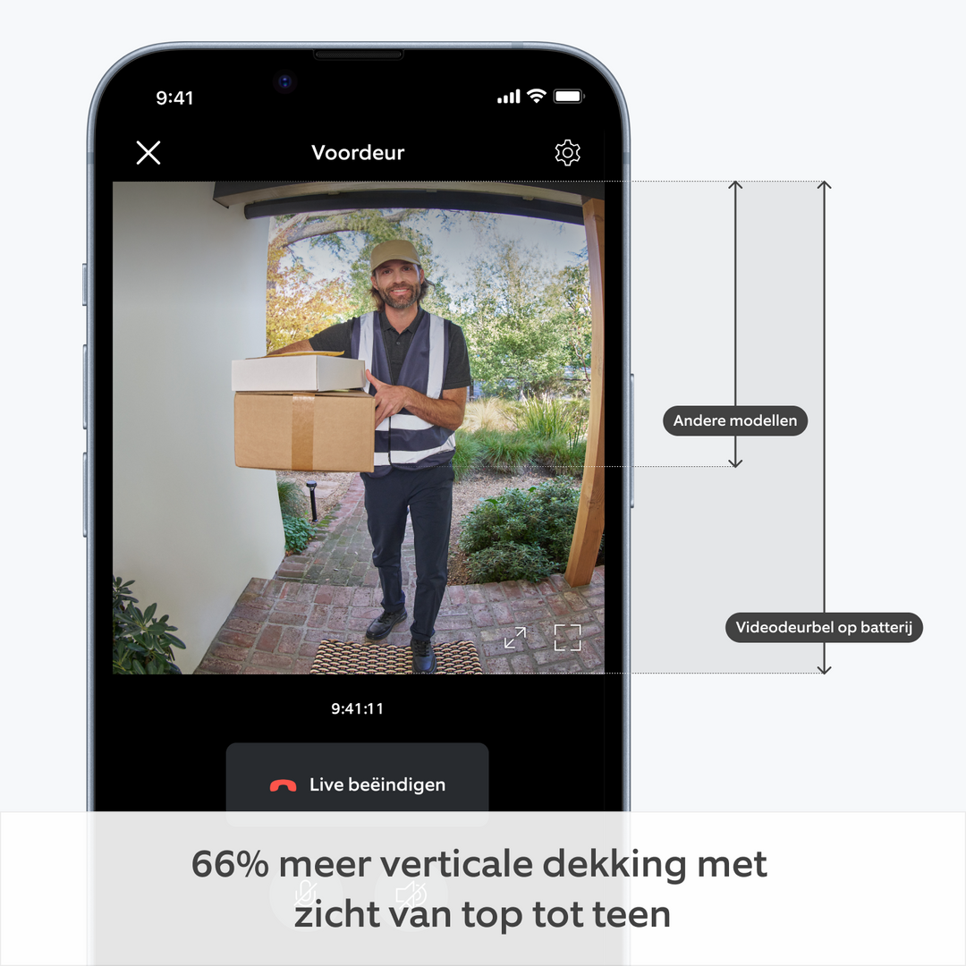 "Draadloze LuxGuard videodeurbel, 1080p HD, stijlvol design, nikkel-satijn, vooraanzicht tegen muur, geschikt voor buiten"