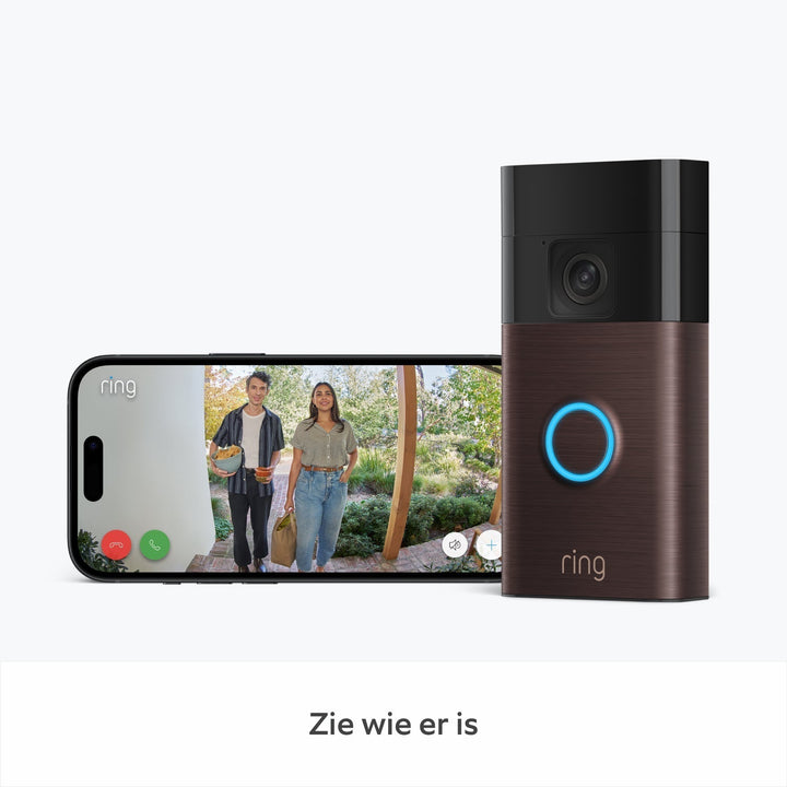 "Draadloze LuxGuard videodeurbel, 1080p HD, stijlvol design, nikkel-satijn, vooraanzicht tegen muur, geschikt voor buiten"