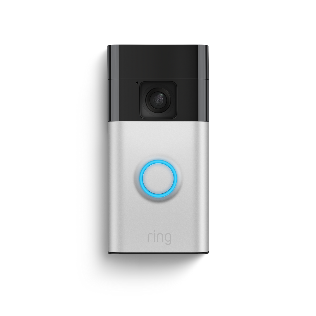 "Draadloze LuxGuard videodeurbel, 1080p HD, stijlvol design, nikkel-satijn, vooraanzicht tegen muur, geschikt voor buiten"