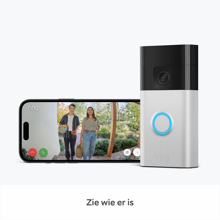 "Draadloze LuxGuard videodeurbel, 1080p HD, stijlvol design, nikkel-satijn, vooraanzicht tegen muur, geschikt voor buiten"
