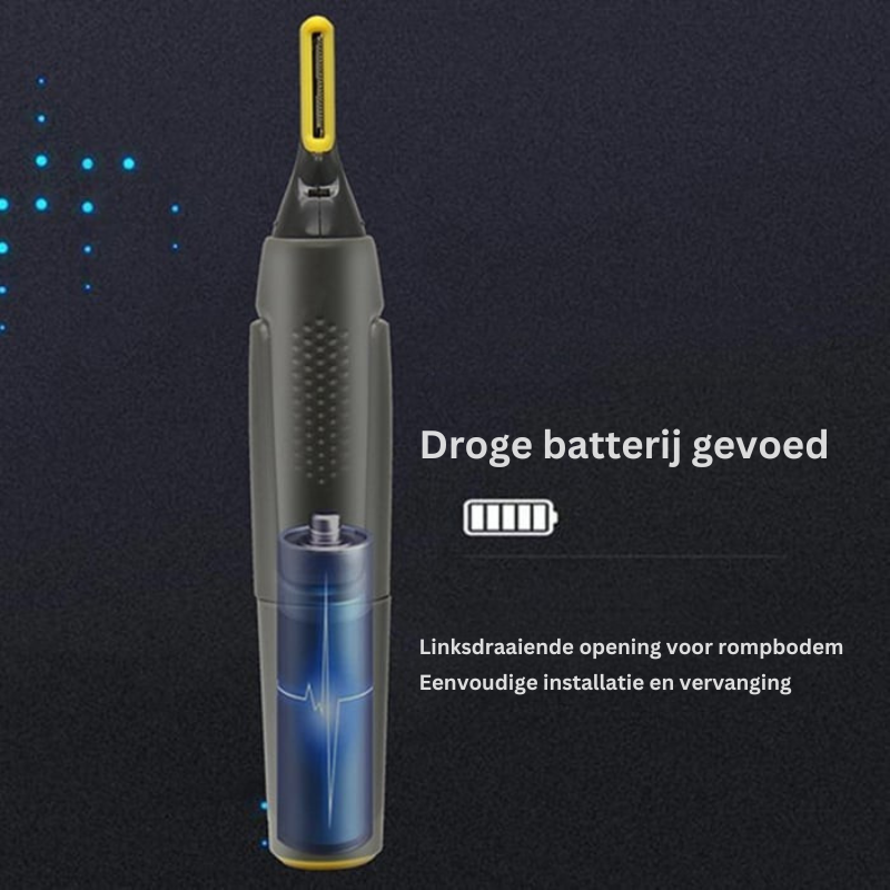 "Draadloze trimmer, compact ontwerp met roestvrijstalen messen, voor veilig scheren van gezichts- en oorhaar."
