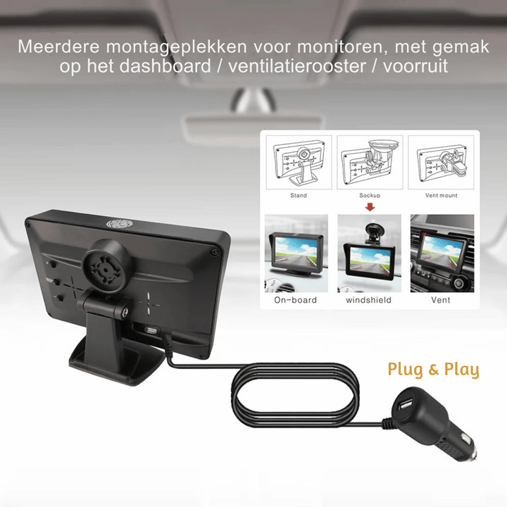 Draadloze zonne-energie HD achteruitrijcamera, 1080P resolutie, 4.3-inches monitor, IP67 waterdicht, 140° kijkhoek.