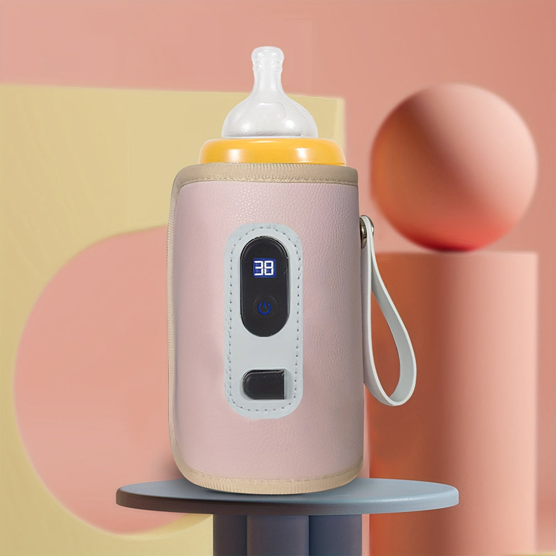 "Draagbare babyflesverwarmer, USB-aangedreven, compact ontwerp, vijf temperatuurinstellingen, ideaal voor onderweg."
