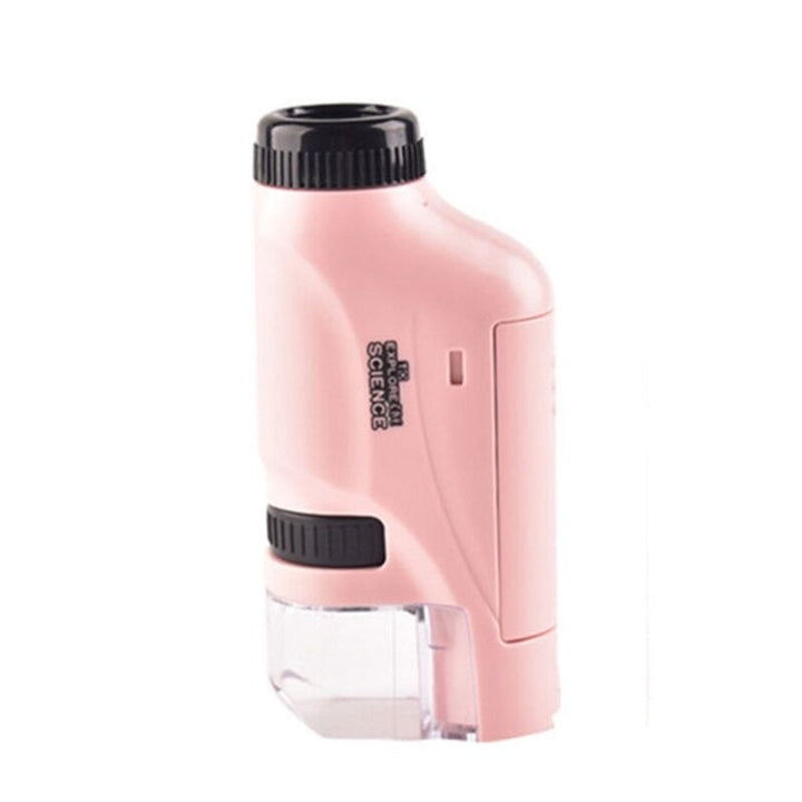 "Draagbare LED-kindermicroscoop met 120x vergroting in blauw, roze en wit. Ideaal voor jonge ontdekkers."