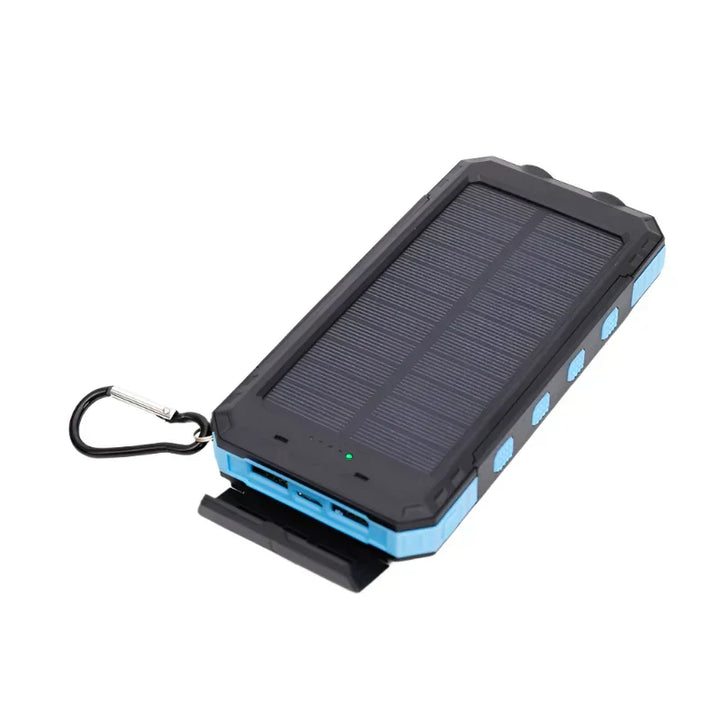 "Draagbare zonne-energie powerbank met snellaadfunctie, zwart, LED-display en solar paneel voor outdoor gebruik."