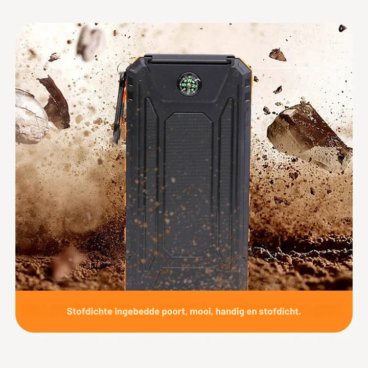 "Draagbare zonne-energie powerbank met snellaadfunctie, zwart, LED-display en solar paneel voor outdoor gebruik."