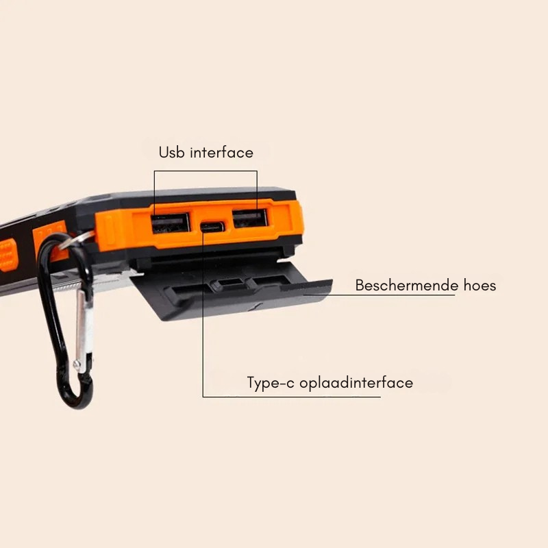 "Draagbare zonne-energie powerbank met snellaadfunctie, zwart, LED-display en solar paneel voor outdoor gebruik."