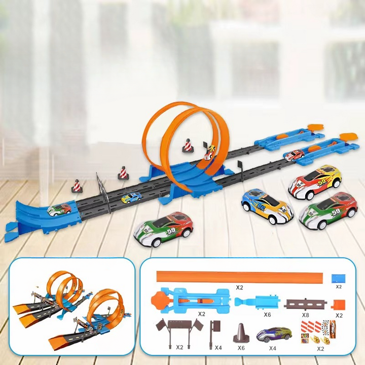 "Dubbel Racebaan Set met kleurrijke auto's, scherpe bochten en loopings voor kinderen, educatief, creatief speelplezier"