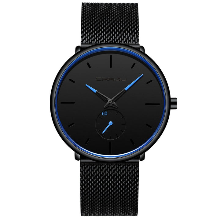 "Dun minimalistisch herenhorloge met elegante zwarte wijzerplaat, roestvrijstalen mesh-band en luxe uitstraling."
