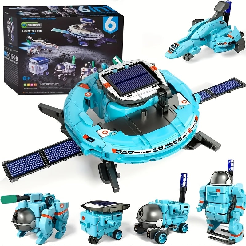 "Educatieve Solar Robot 6-in-1 bouwset voor kinderen, blauw en milieuvriendelijk, werkt op zonne-energie, 6 modellen."