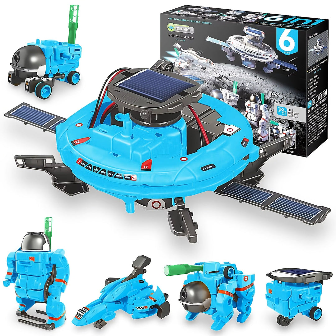 "Educatieve Solar Robot 6-in-1 bouwset voor kinderen, blauw en milieuvriendelijk, werkt op zonne-energie, 6 modellen."
