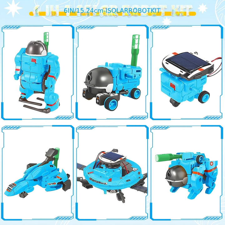 "Educatieve Solar Robot 6-in-1 bouwset voor kinderen, blauw en milieuvriendelijk, werkt op zonne-energie, 6 modellen."
