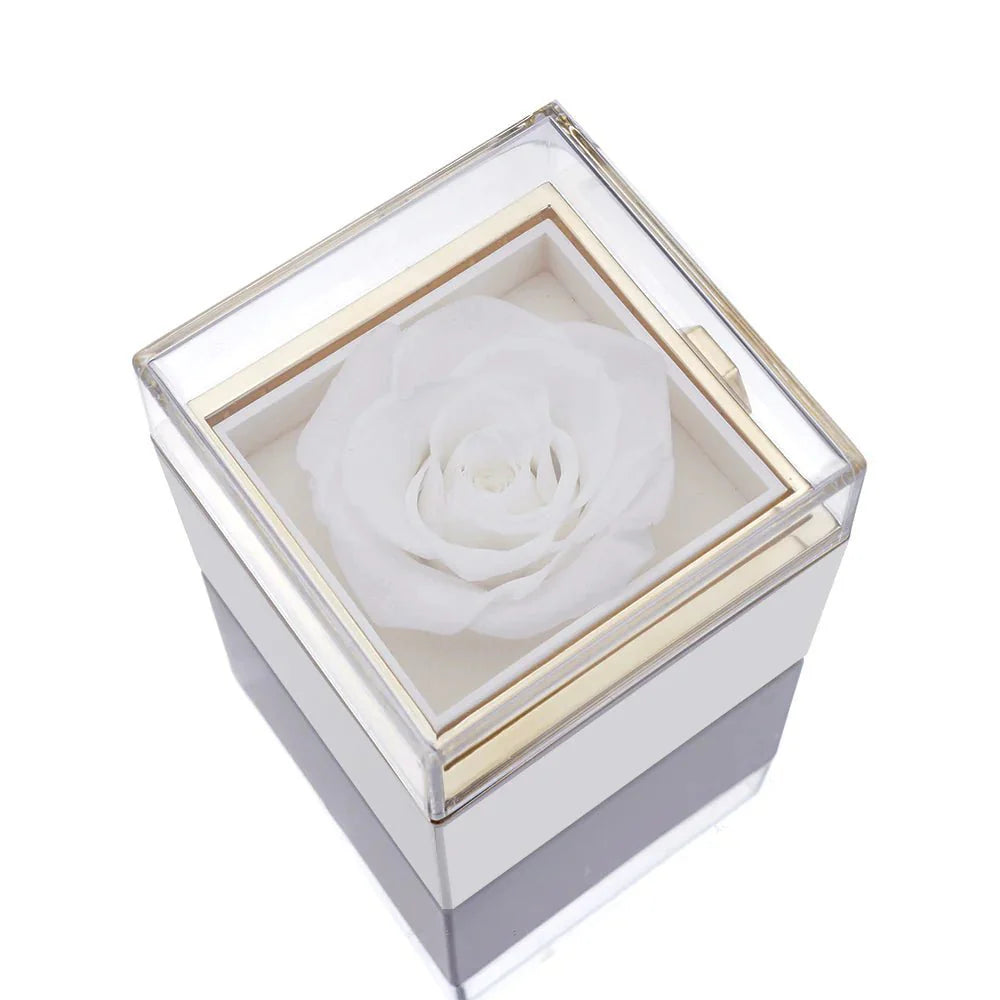 Eeuwige Roos Box met echte geconserveerde roos en gepersonaliseerde ketting, verfijnde details; symboliseert eeuwige liefde.