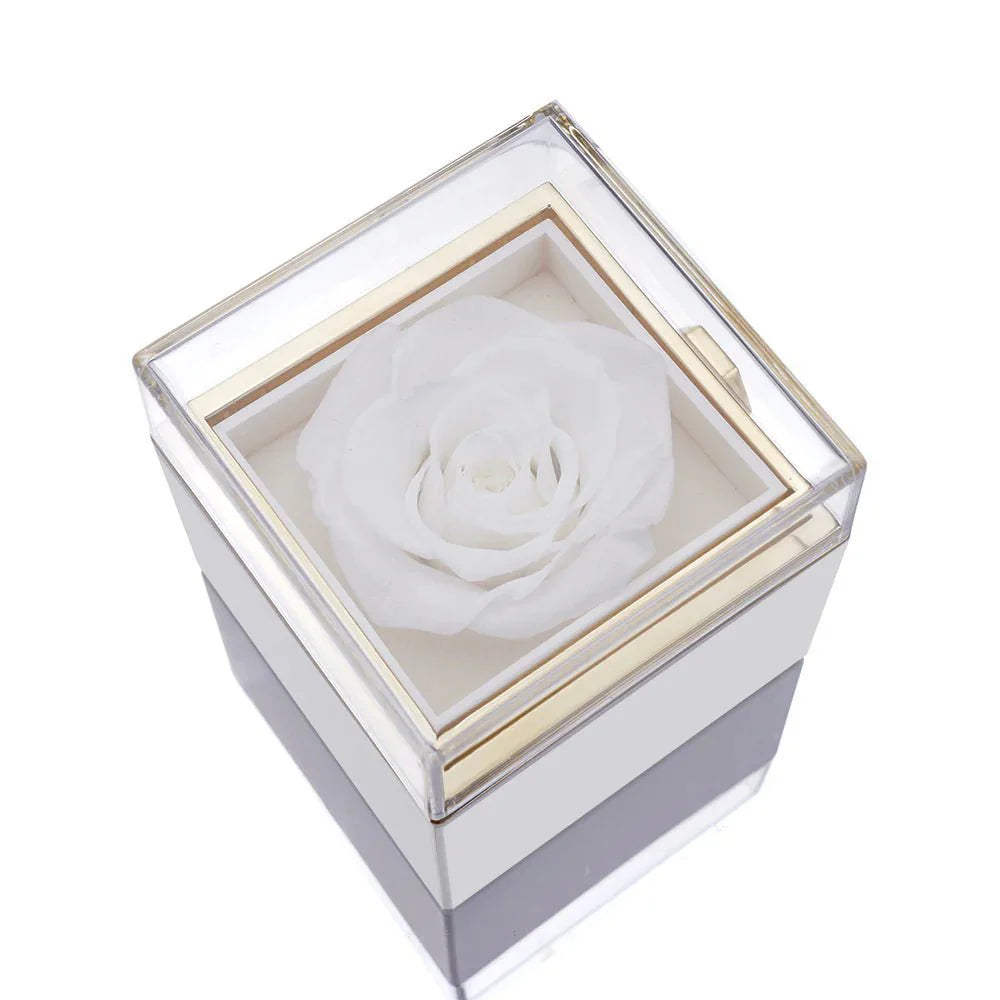 Eeuwige Roos Box met echte geconserveerde roos en gepersonaliseerde ketting, verfijnde details; symboliseert eeuwige liefde.