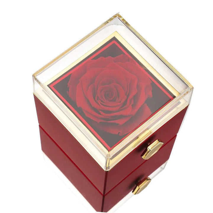 Eeuwige Roos Box met echte geconserveerde roos en gepersonaliseerde ketting, verfijnde details; symboliseert eeuwige liefde.