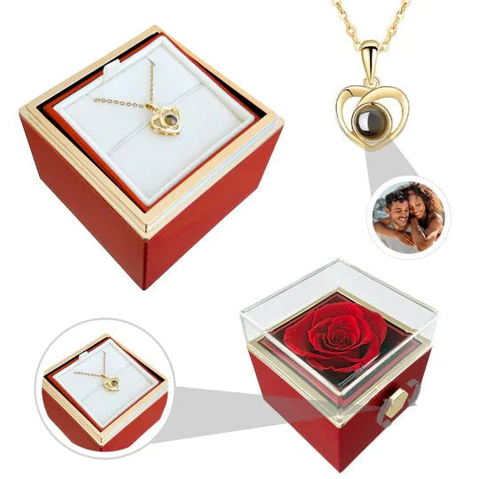 "Eeuwige rozen doos met gouden hartprojectieketting, betoverend en elegant sieraad voor betekenisvolle herinneringen."