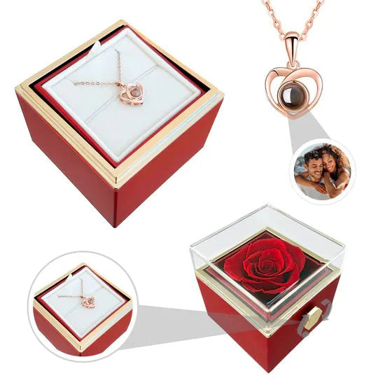 "Eeuwige rozen doos met gouden hartprojectieketting, betoverend en elegant sieraad voor betekenisvolle herinneringen."